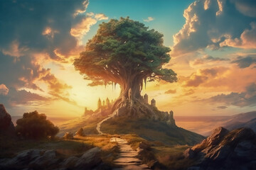 Fototapeta na wymiar Big majestic lone tree in a beautiful landscape at sunset. Created with Generative AI technology.