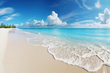Tropical beach with blue sky and white clouds background. Summer vacation and travel concept. Generative ai.
