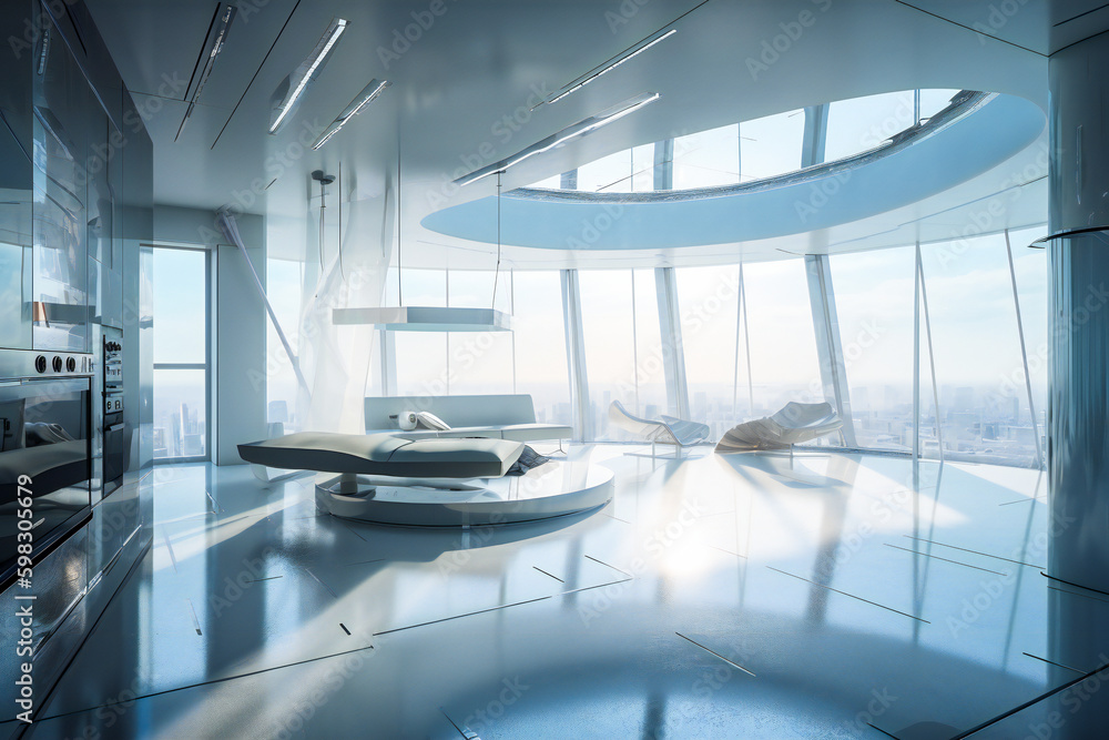 Poster futuristic generic technology white room. created with generative ai technology.