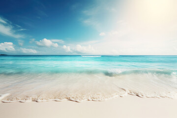 Fototapeta premium Tropical beach with blue sky and white clouds background. Summer vacation and travel concept. Generative ai.