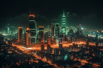 Night scene of a futuristic metropolis with orange and green neon lights and skyscrapers. Generative AI