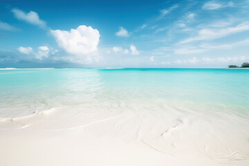 Tropical beach with blue sky and white clouds background. Summer vacation and travel concept. Generative ai.