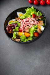 bacon salad, egg, crouton, lettuce, salad dressing vinaigrette  cuisine  meal food snack on the table copy space food background rustic top view