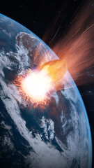 Fall huge asteroid to earth, big explosion. Armageddon, end of the world. Destruction of planet earth by huge asteroid. 3d render © angel_nt