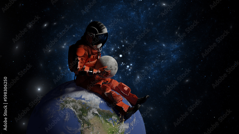 Canvas Prints astronaut sits on planet earth and hold moon in hands. cosmonaut in space, exploration of outer spac