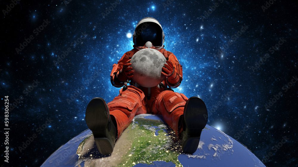 Wall mural astronaut sits on planet earth and hold moon in hands. cosmonaut in space, exploration of outer spac