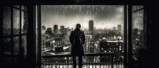 Silhouetted Person Standing Against Window with Raindrops and City Lights, Moody Atmosphere. Generative ai