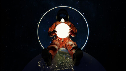 Astronaut sits on planet earth and hold glow star planet in hands. Cosmonaut in space, exploration of outer space, exploration of the Moon. Nebulae stars and galaxies in background. 3d render © angel_nt