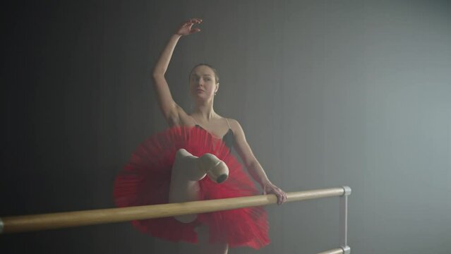 Ballerina trains in the hall near the ballet barre, performing pa. Choreography and art of classical dance. Active lifestyle. High quality 4k footage Generative AI