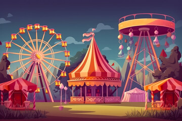 An amusement park with a ferris wheel, a roundabout, and a marquee. Created with Generative AI.