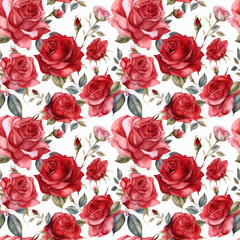 Seamless pattern with many red roses on white background in watercolor style. Generative AI.