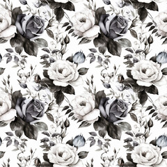 Gothic seamless pattern with many black and white roses in watercolor style. Generative AI.