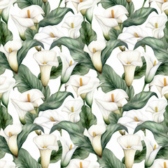Seamless pattern with many calla flowers on white background in watercolor style. Generative AI.