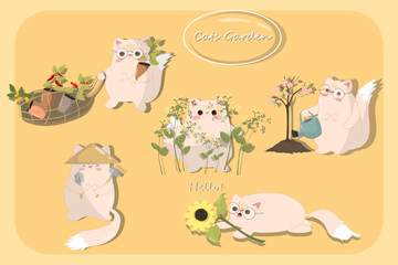 A set of five kawaii kittens holding various objects in their paws: a bag with vases, flowers, a shovel . For childrens book, brand stickers in shops, of cafes, prints for fabrics , postcards.