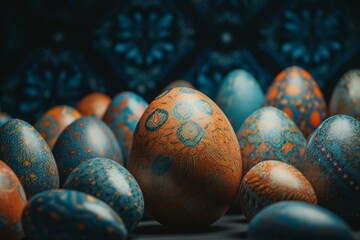 Vibrant Easter egg backdrop with 3D-rendered eggs in blue, green, and orange featuring unique patterns. Generative AI