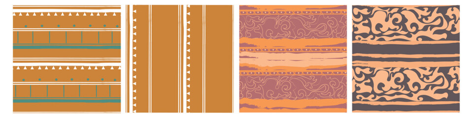 Set of four seamless abstract backgrounds, geometric shapes, lines, hand drawn doodles.