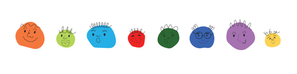 Round abstract comic Faces with different emotions. Pencil drawing style. Various colorful characters. Cartoon style. Flat design. Drawn fashion