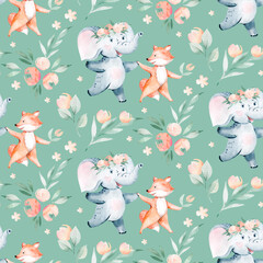 Watercolor seamless pattern with dancing elephant and fox forest animals on white background. Childish animal illustration. Happy birthday, celebration concept.