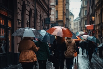 People walking on city streets with umbrellas on a rainy day. Ai generated.