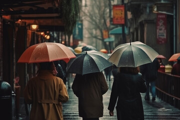 People walking on city streets with umbrellas on a rainy day. Ai generated.