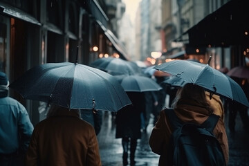 People walking on city streets with umbrellas on a rainy day. Ai generated.