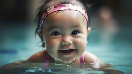 Fototapeta na wymiar baby in the pool smiling, Generative AI
