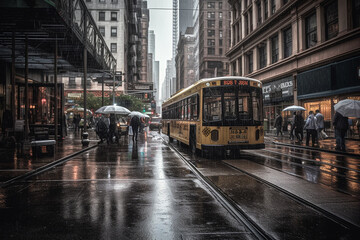 Fototapeta na wymiar People walking on city streets with umbrellas on a rainy day. Ai generated.