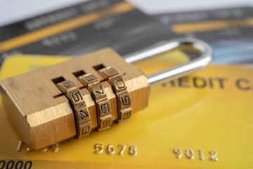 Credit card with password key lock, finance security concept.