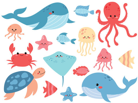 Fish and wild sea animals isolated on white background. Inhabitants of the sea world, cute, funny underwater creatures whales, sea crabs, sea turtles, jellyfish, fish, rays, octopus. Flat cartoon.