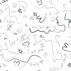 Seamless pattern of hearts, smiles, stars line declarations of love written by hand. Trendy modern pattern. Sweet love texture for postcards, banners, posters, websites and decorative prints.