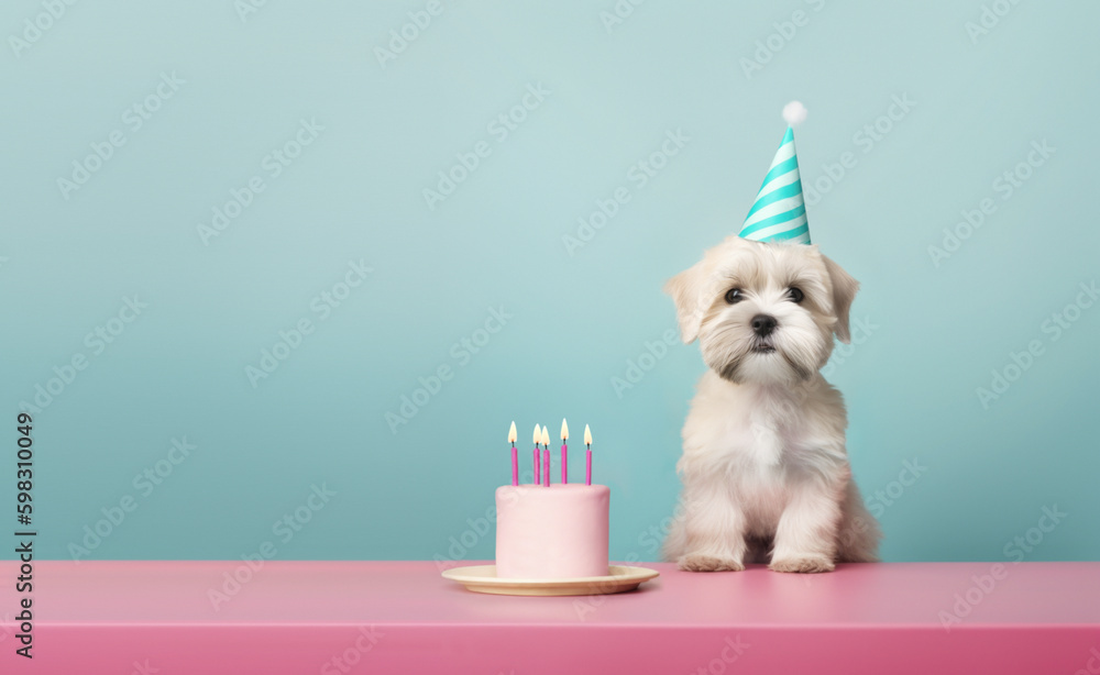 Sticker Cute puppy dog celebrating with a birthday cake