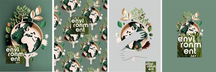 Fototapeta na wymiar World Environment Day. Vector illustrations of paper cut signs and symbols to save planet earth for poster, background or pattern