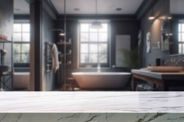 Empty marble desk space over modern hotel bathroom or toilet background for product display montage