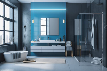 Fototapeta premium Modern bathroom, clean minimalistic interior design, light blue and white colors. Super photo realistic background, generative ai illustration.