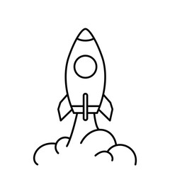 The space rocket takes off. Vector line graphic icon isolated on white.