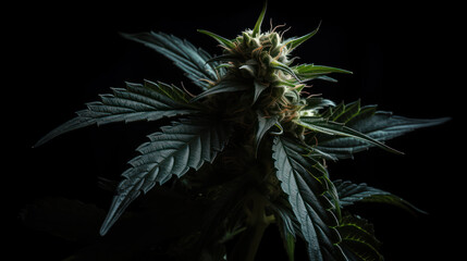 Sleek and Striking: Black Background Cannabis Stock Photo. Generative ai