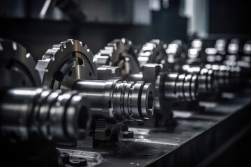 Obraz na płótnie Canvas CNC turning drill milling factory processes steel turbine part process. Metal machine tools industry banner, generative AI