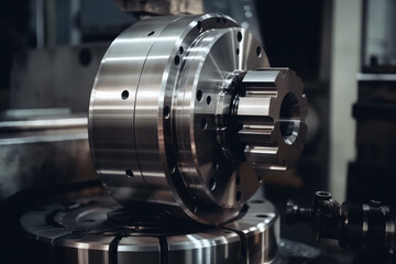 Fototapeta na wymiar CNC turning drill milling factory processes steel turbine part process. Metal machine tools industry banner, generative AI