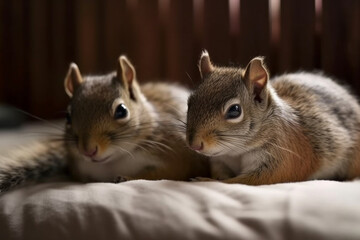 a pair of cute squirrels sleeping on the bed