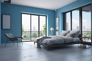  Modern bedroom, clean minimalistic interior design, light blue and white colors. Super photo realistic background, generative ai illustration.