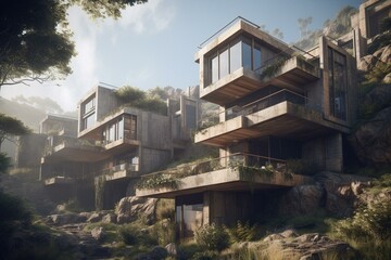 Innovative housing with advanced technology & natural landscapes: Unreal Engine 5 & intricate hardware. Generative AI