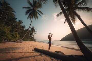 girl from the back doing yoga on the beach near the ocean at sunrise, generative ai