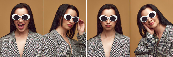 Collage made of close up portraits of beautiful stylish young girl wearing white sunglasses looking...