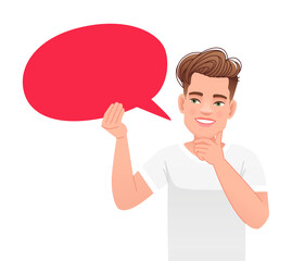 Fototapeta na wymiar Cute white guy in a blue T-shirt holds an empty red oval speech bubble. The concept of personal opinion. Vector illustration
