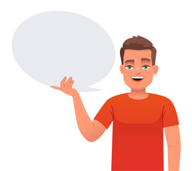 Young white guy holds an empty speech bubble in his hand. The concept of personal opinion. Vector illustration
