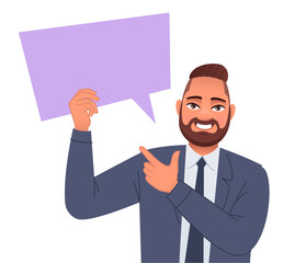 Fototapeta na wymiar Businessman in a suit holds an empty rectangular speech bubble. The concept of personal opinion. Vector illustration