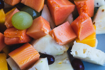 Group of cut tropical fruits. Fresh and natural food.