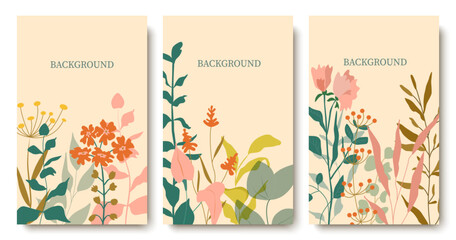 Set of abstract posters with flowers. Trendy botanical-style wall paintings with a floral pattern in pastel colors. Modern interior decorations, paintings. Vector art illustration.