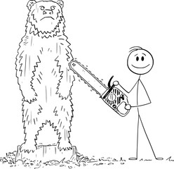 Woodcarver With Chainsaw Created Statue of Bear , Vector Cartoon Stick Figure Illustration
