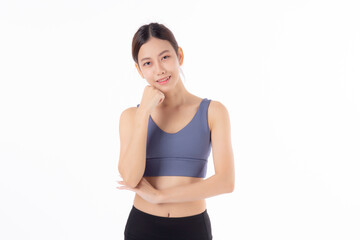 Fototapeta na wymiar Portrait of beautiful young asian woman in sportwear smile and thinking isolated on white background, sport and exercise for health and weightloss, female and slimming with confident and wellness.